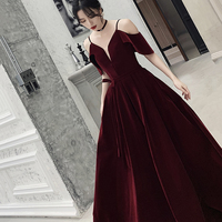 Burgundy velvet long prom dress A line evening gown - Thumbnail 1