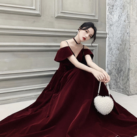 Burgundy velvet long prom dress A line evening gown - Thumbnail 3