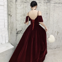 Burgundy velvet long prom dress A line evening gown - Thumbnail 4