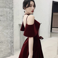 Burgundy velvet long prom dress A line evening gown - Thumbnail 2