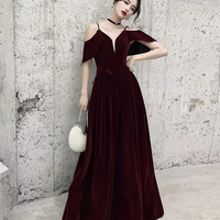 Burgundy velvet long prom dress A line evening gown - Thumbnail 5