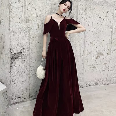 Burgundy velvet long prom dress a line evening gown - Thumbnail 2