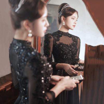 Black satin beads long prom dress a line evening dress