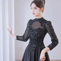 Black satin beads long prom dress A line evening dress - Thumbnail 3
