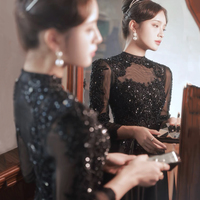 Black satin beads long prom dress A line evening dress - Thumbnail 6