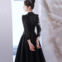 Black satin beads long prom dress A line evening dress - Thumbnail 5