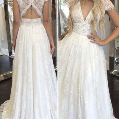 V neck lace wedding dresses bridal gown - Thumbnail 5