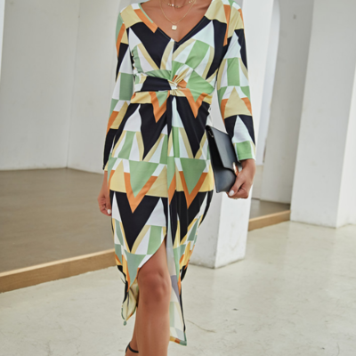 V-neck long sleeves printed slit high waist dress