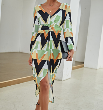 V-Neck Long Sleeves Printed Slit High Waist Dress