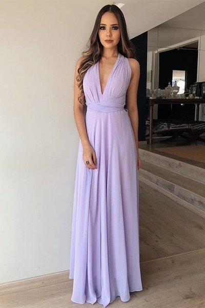 Lilac chiffon prom dresses v-neck long evening party gown,1275