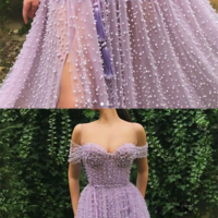 Purple sweetheart off shoulder tulle beads long prom dress,717 - Thumbnail 1