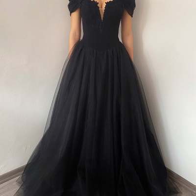 Black gothic corset tulle wedding dress, alternative black wedding gown, black lace dress,718 - Thumbnail 4