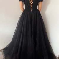 Black gothic corset tulle wedding dress, alternative black wedding gown, black lace dress,718 - Thumbnail 1