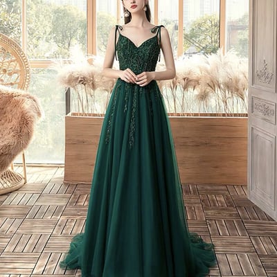 Green tulle lace long prom dress a line evening dress - Thumbnail 2