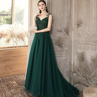 Green tulle lace long prom dress A line evening dress - Thumbnail 1