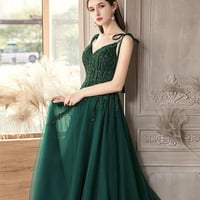 Green tulle lace long prom dress A line evening dress - Thumbnail 2