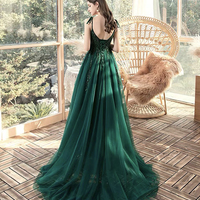 Green tulle lace long prom dress A line evening dress - Thumbnail 4