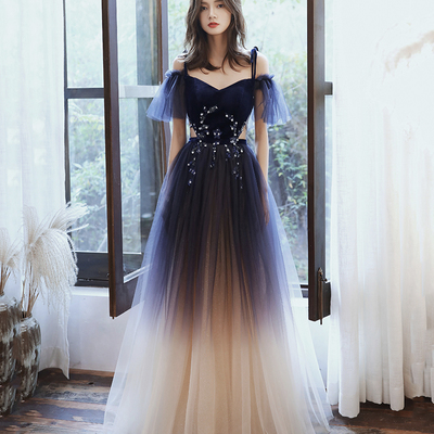 Blue velvet tulle long prom dress a line evening dress - Thumbnail 2