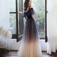 Blue velvet tulle long prom dress A line evening dress - Thumbnail 2