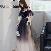 Blue velvet tulle long prom dress A line evening dress - Thumbnail 3