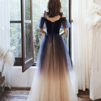 Blue velvet tulle long prom dress A line evening dress - Thumbnail 4