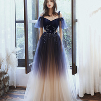 Blue velvet tulle long prom dress A line evening dress - Thumbnail 5