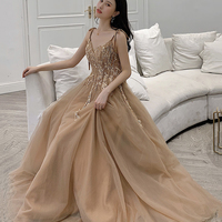 Cute A line v neck lace long prom dress evening dress - Thumbnail 1