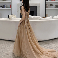 Cute A line v neck lace long prom dress evening dress - Thumbnail 3