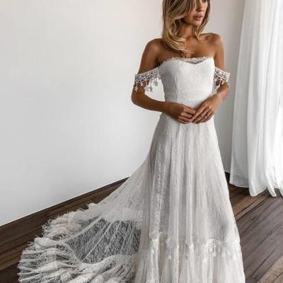 Off the shoulder white lace wedding dresses bridal gown - Thumbnail 4