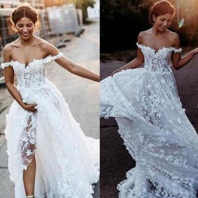 Off the shoulder long wedding dresses with 3d flowers