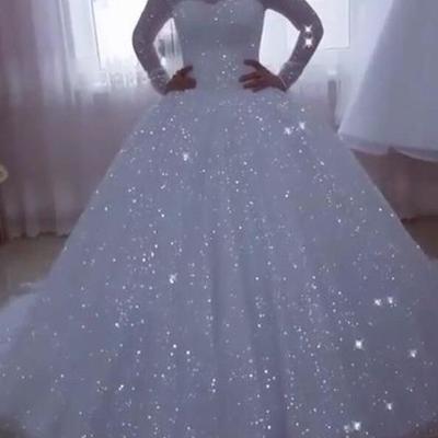 Sparkly white long sleeves wedding dresses bridal gowns - Thumbnail 3
