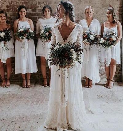 A Line Floor Length Long Sleeves Backless Beach Garden Country Bridal Gowns 