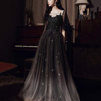 Black tulle lace long prom dress evening dress - Thumbnail 1