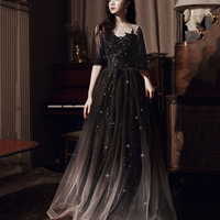 Black tulle lace long prom dress evening dress - Thumbnail 2