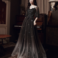 Black tulle lace long prom dress evening dress - Thumbnail 4