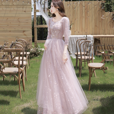 Pink tulle sequins long prom dress evening dress - Thumbnail 3