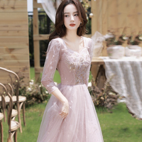 Pink tulle sequins long prom dress evening dress - Thumbnail 1