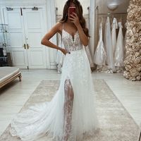 A Line V Neck Spaghetti Straps Lace Wedding Dress with Appliques - Thumbnail 1
