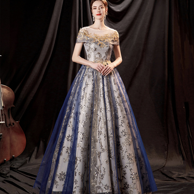 Blue tulle sequins long prom dress evening gown - Thumbnail 2
