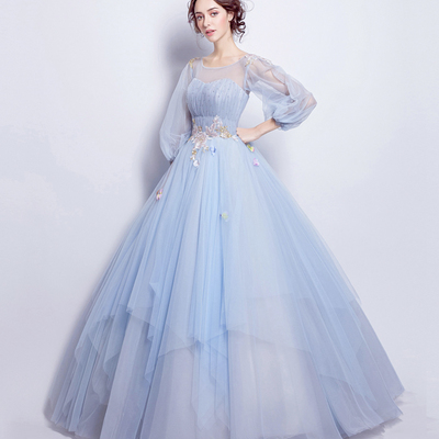 Blue tulle sequins long ball gown dress blue evening dress - Thumbnail 1