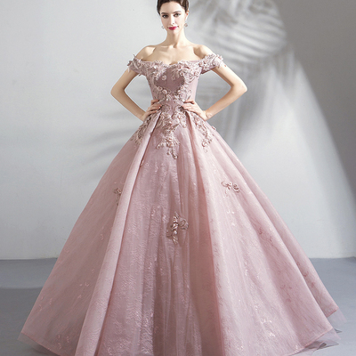Pink tulle lace long prom dress a line evening gown - Thumbnail 2