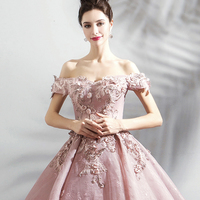 Pink tulle lace long prom dress A line evening gown - Thumbnail 1