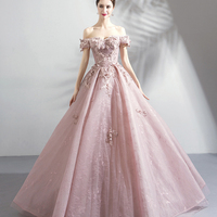 Pink tulle lace long prom dress A line evening gown - Thumbnail 2