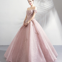 Pink tulle lace long prom dress A line evening gown - Thumbnail 3