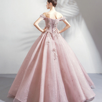 Pink tulle lace long prom dress A line evening gown - Thumbnail 6