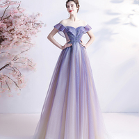 Purple tulle sequins long prom dress A line evening gown - Thumbnail 1