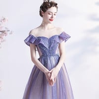 Purple tulle sequins long prom dress A line evening gown - Thumbnail 2