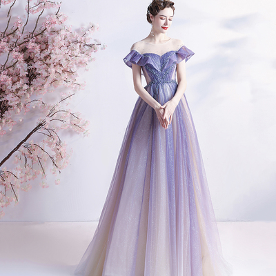 Purple tulle sequins long prom dress a line evening gown - Thumbnail 2