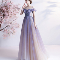 Purple tulle sequins long prom dress A line evening gown - Thumbnail 4