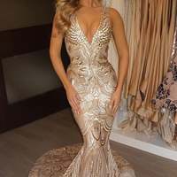 Golden Trumpet Court Train Deep V Neck Sleeveless Sparkle Long Prom Dress,Party Dress,723 - Thumbnail 2